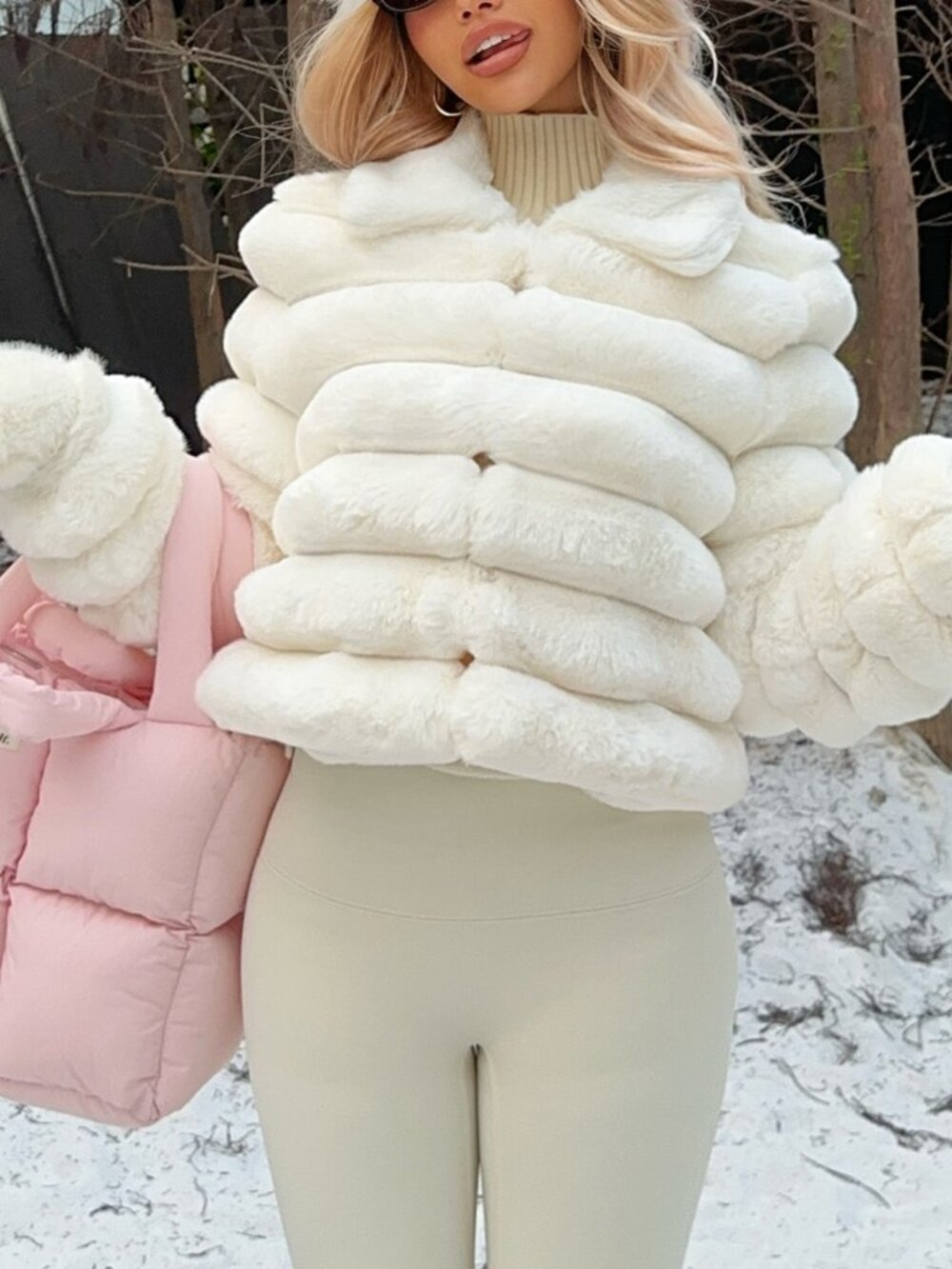 White Casual Women's Zip-Up Collar Faux Fur Jacket
